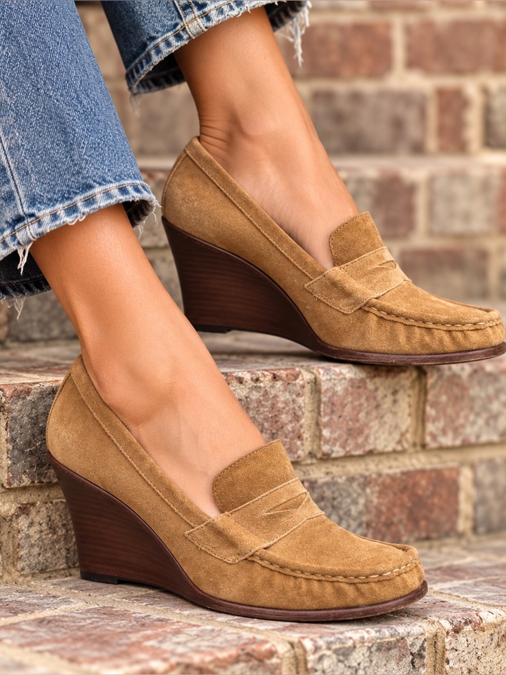 KORS Michael Kors Rory Camel Suede Wedge Penny Loafers 10M